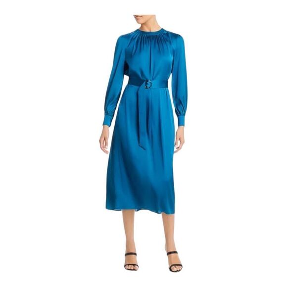 Misook Teal Belted Satin Midi Dress Size Large - Picture 2 of 8